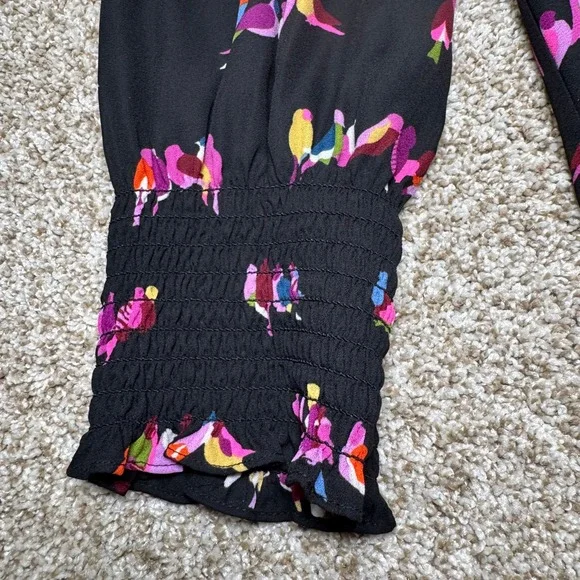Kate Spade New York Womens Size S Bird Print Smocked High Neck Blouse Black - Picture 2 of 14